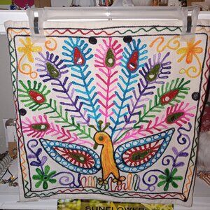 Embroidered Pillow Cover Peacock Colorful Handmade KP4.
